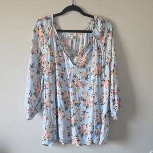 Marina Luna Spring Pastel Blue Floral Puffy Sleeve Lightweight Top 2XL